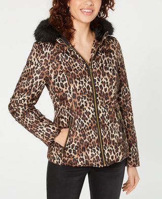 Celebrity Pink Junior's Leopard Print Puffer Coat With Faux Fur Trim Hood Brown Size XX-Large