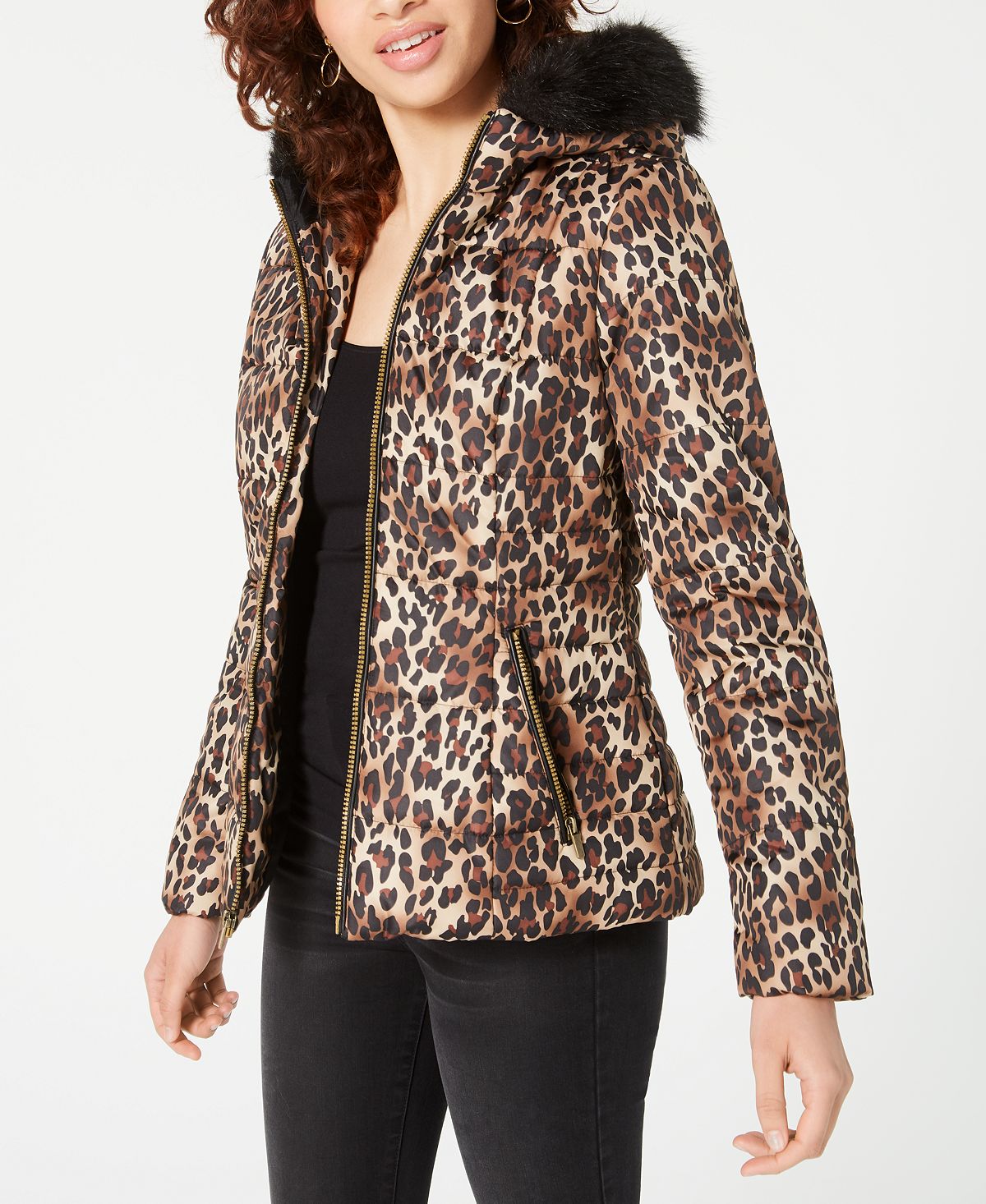 Celebrity Pink Junior's Leopard Print Puffer Coat With Faux Fur Trim Hood Brown Size XX-Large