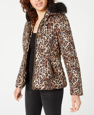 Celebrity Pink Junior's Leopard Print Puffer Coat With Faux Fur Trim Hood Brown Size XX-Large