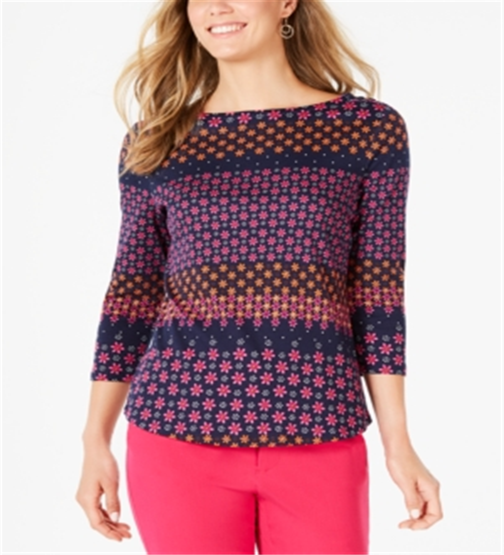Charter Club Women's Printed 3/4 Sleeve Cotton Top Blue Size Petite Medium