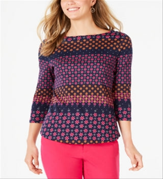 Charter Club Women's Printed 3/4 Sleeve Cotton Top Blue Size Petite Medium