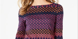 Charter Club Women's Printed 3/4 Sleeve Cotton Top Blue Size Petite Medium