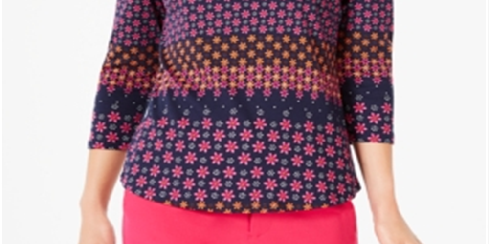 Charter Club Women's Printed 3/4 Sleeve Cotton Top Blue Size Petite Medium