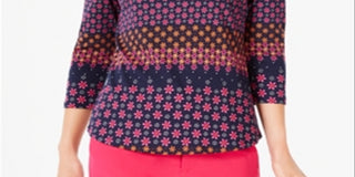 Charter Club Women's Printed 3/4 Sleeve Cotton Top Blue Size Petite Medium