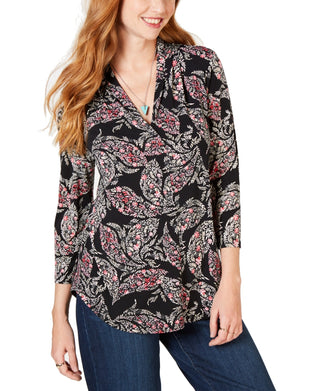 Charter Club Women's Pleated V Neck Paisley Knit Shirt Black Multi Size S