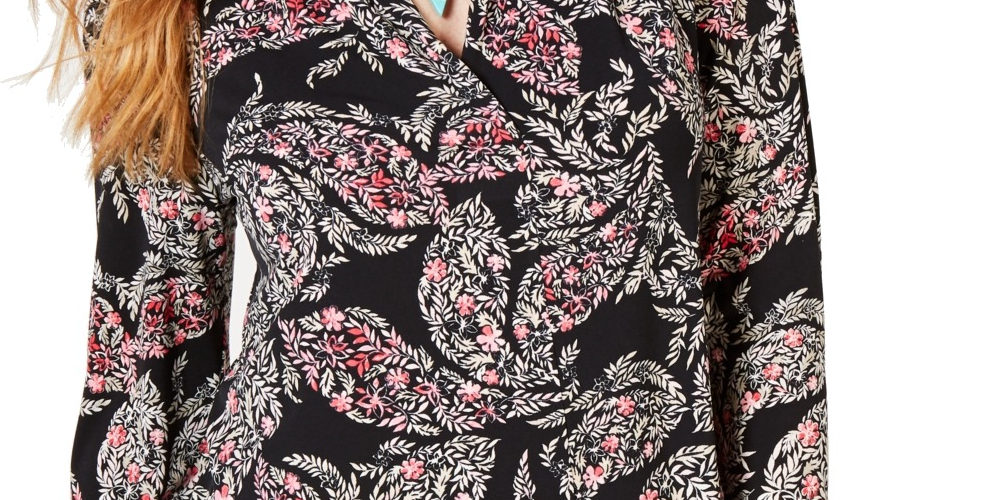 Charter Club Women's Pleated V Neck Paisley Knit Shirt Black Multi Size S
