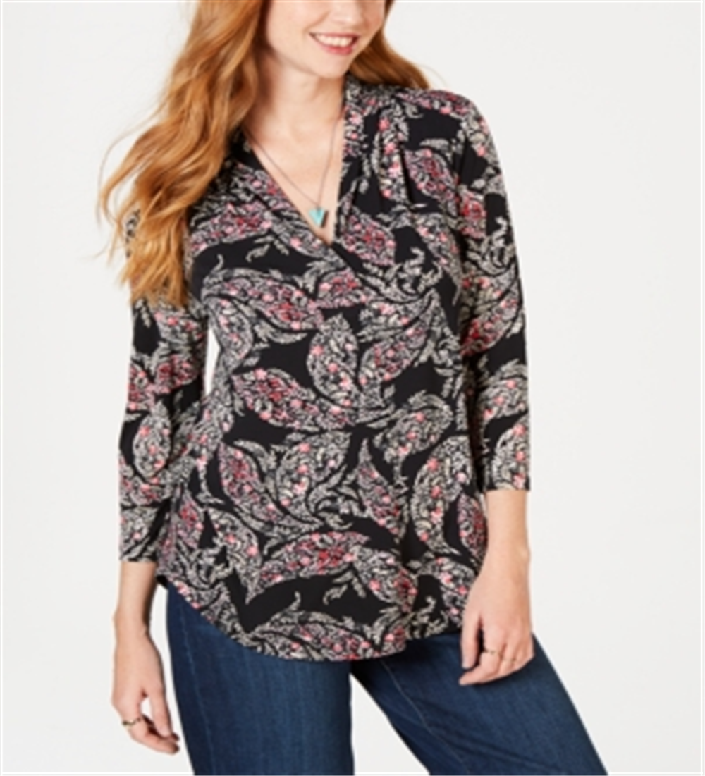 Charter Club Women's Pleated V Neck Paisley Knit Shirt Black Multi Size S