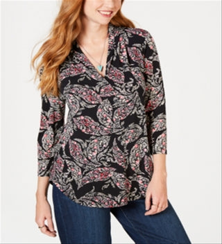 Charter Club Women's Pleated V Neck Paisley Knit Shirt Black Multi Size S
