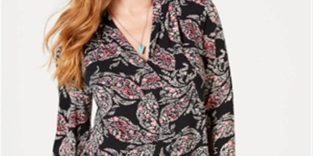 Charter Club Women's Pleated V Neck Paisley Knit Shirt Black Multi Size S