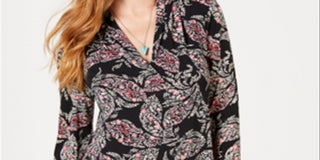 Charter Club Women's Pleated V Neck Paisley Knit Shirt Black Multi Size S