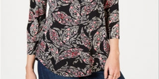 Charter Club Women's Pleated V Neck Paisley Knit Shirt Black Multi Size S