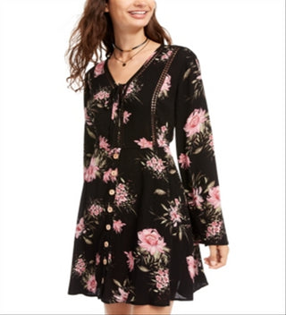 American Rag Junior's Printed Bell Sleeved Mini Dress Black Size Small