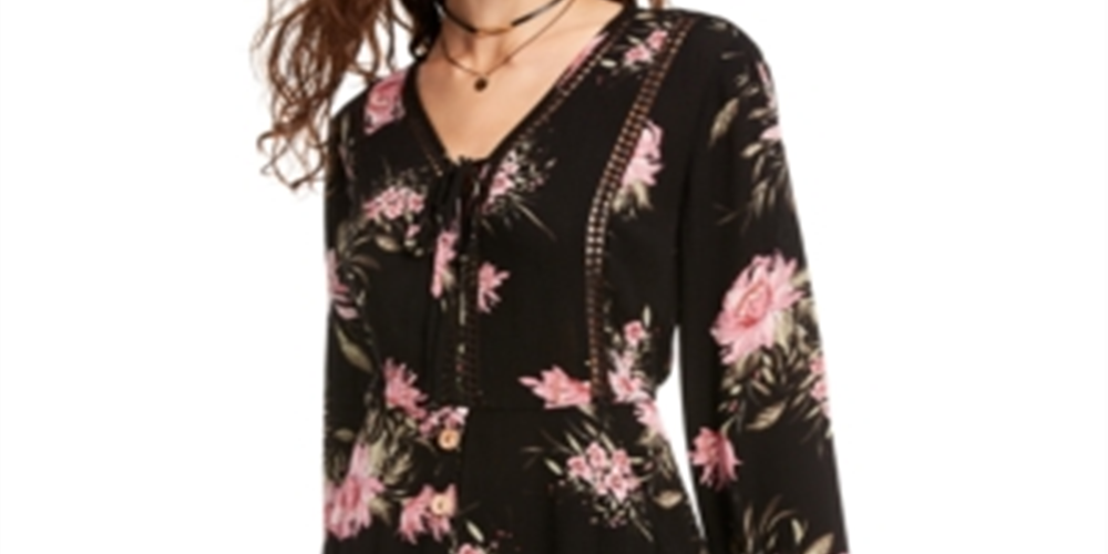American Rag Junior's Printed Bell Sleeved Mini Dress Black Size Small