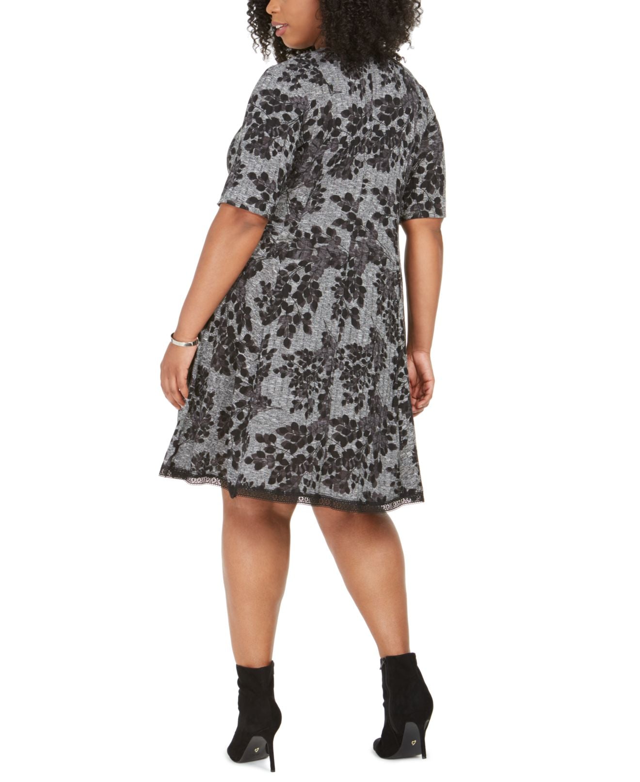 Robbie Bee Women's Plus Floral Crochet Trim with Short Sleeve a Line Dress Gray Size 2X
