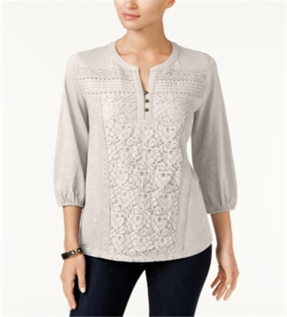 Style & Co Women's Lace Front Henley Top StoneWAll Size PP