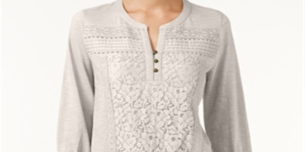 Style & Co Women's Lace Front Henley Top StoneWAll Size PP