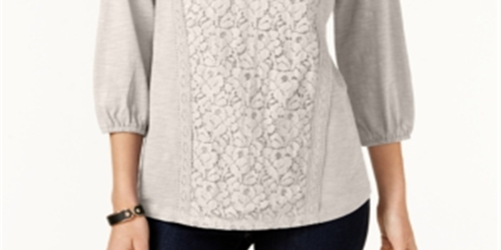 Style & Co Women's Lace Front Henley Top StoneWAll Size PP