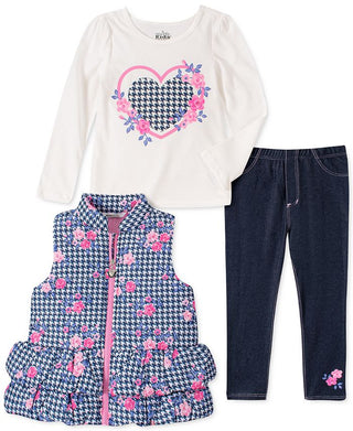 Kids Headquarters Little Girl's 3 Pc Houndstooth Vest T-Shirt & Denim Leggings Set Blue Size 6X