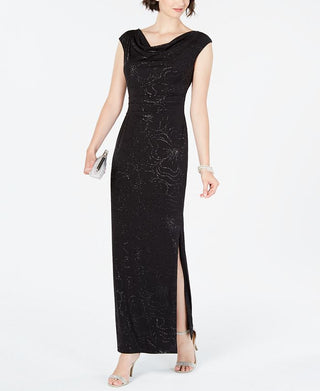 Jessica Howard Women's Metallic Floral Draped Gown Black Size 14