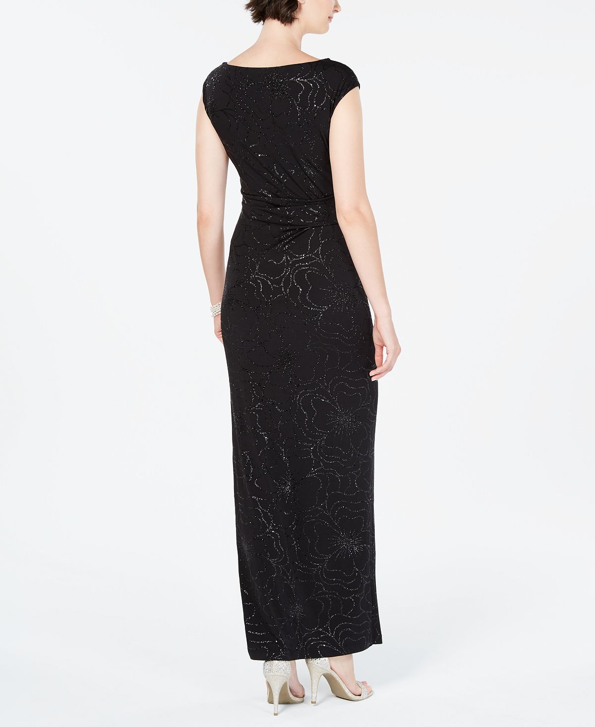 Jessica Howard Women's Metallic Floral Draped Gown Black Size 14