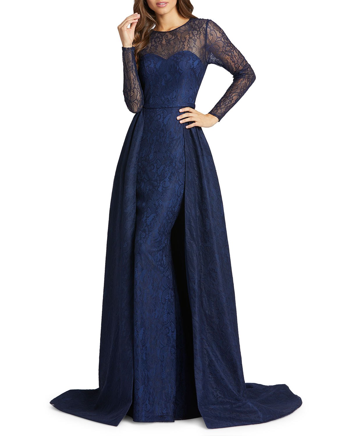 Mac Duggal Women's Long Sleeve Lace Overskirt Gown Navy Size 16