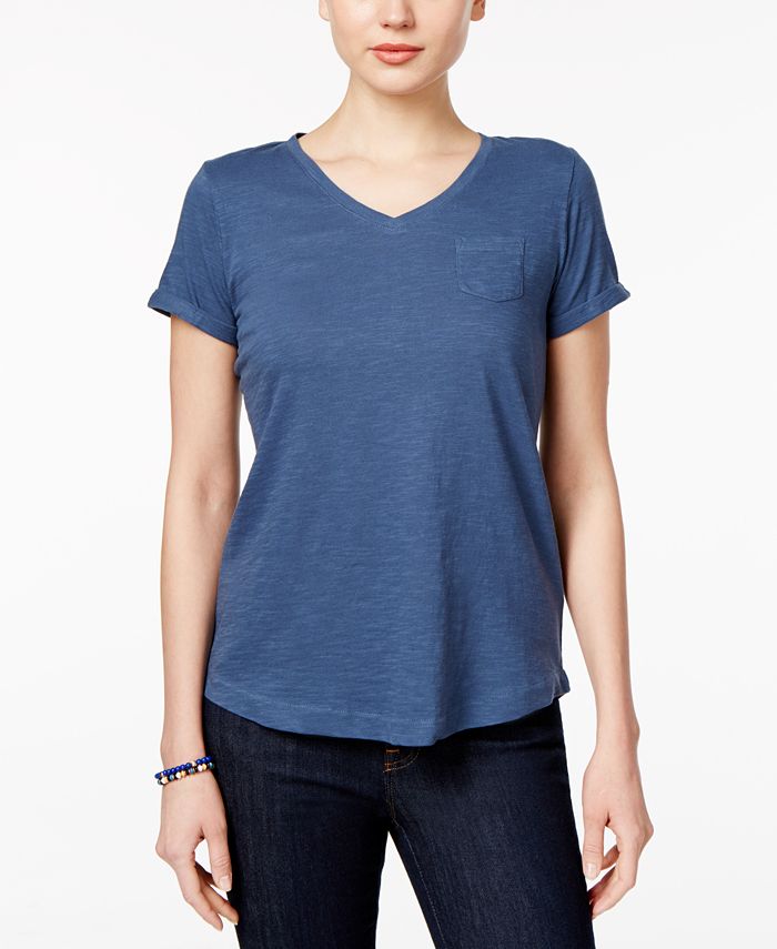Style & Co Women's V Neck Pocket T-Shirt Blue Size M