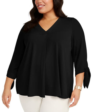 Alfani Women's Pleated Back Tie Sleeve Top -Black Size 1X