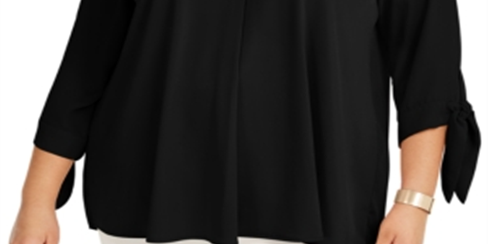 Alfani Women's Pleated Back Tie Sleeve Top -Black Size 1X