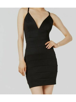 Emerald Sundae Women's Spaghetti Strap V Neck Short Sheath Dress Black Size Large