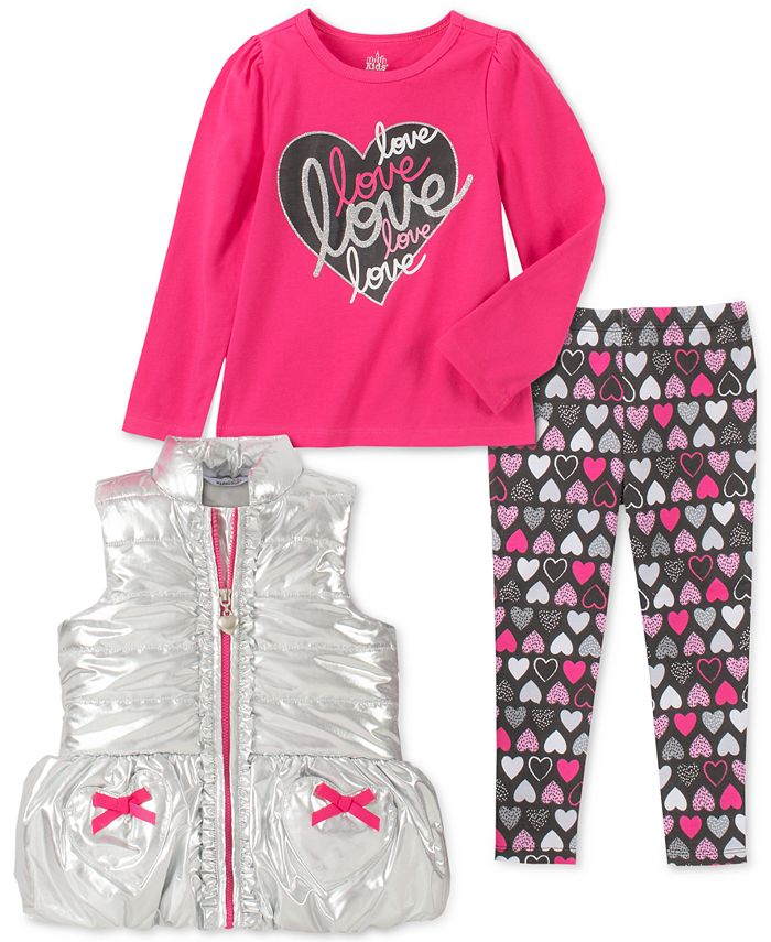 Kids Headquarters Little Girl's 3 Pc Metallic Vest Love Top & Printed Leggings Set Pink Size 6X