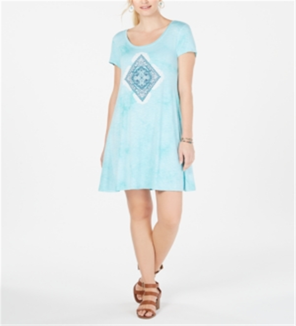 Style & Co Women's Graphic Scoop Neck T-Shirt Dress Blue Size Large