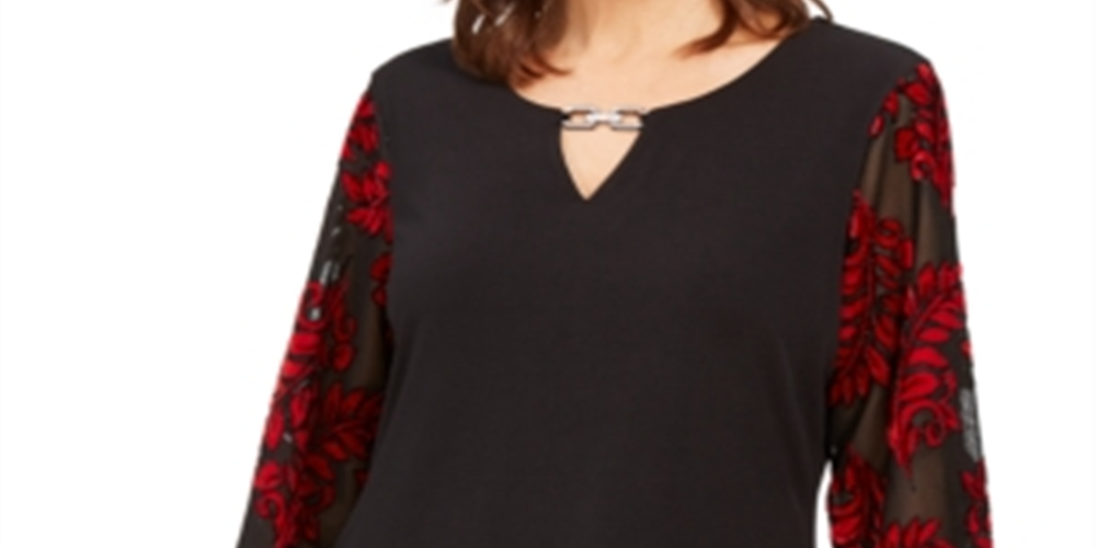 JM Collection Women's Embellished Velvet Sleeve Top Black Size 2XL