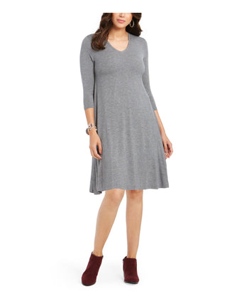 Style & Co Women's 3/4 Sleeve V Neck Above the Knee Fit Flare Dress Gray Size Petite Small