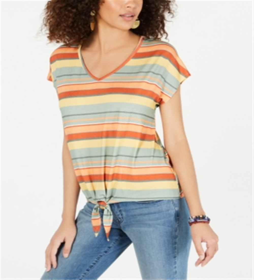Style & Co Women's Striped Tie Front T-Shirt Brown Size X-Large
