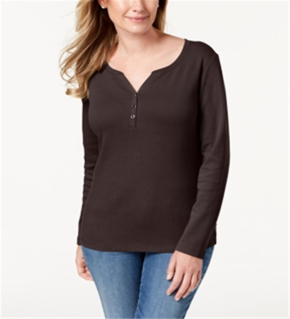Karen Scott Women's Cotton Henley Neck Top Brown Size Petite Small
