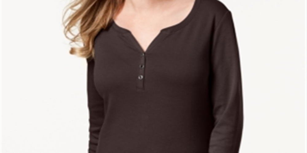 Karen Scott Women's Cotton Henley Neck Top Brown Size Petite Small