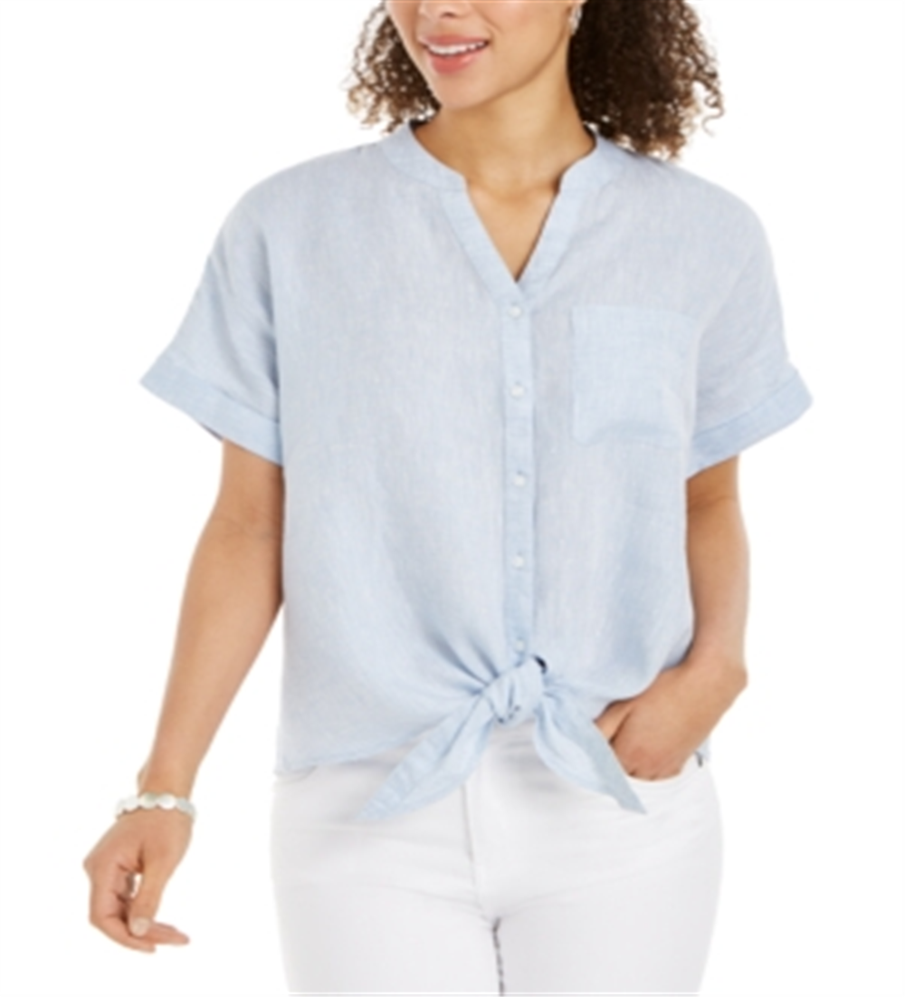 Charter Club Women's Linen Tie Front Button up Shirt Blue Size Small