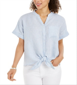 Charter Club Women's Linen Tie Front Button up Shirt Blue Size Small