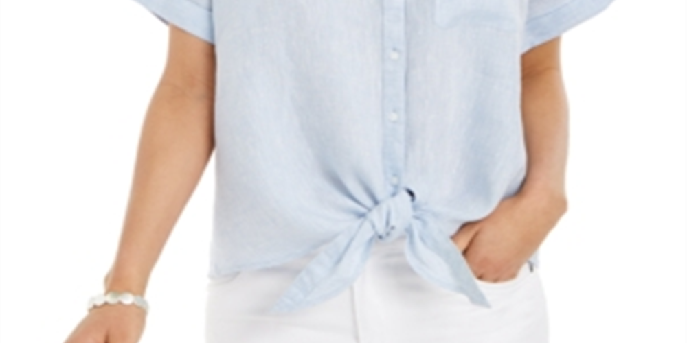 Charter Club Women's Linen Tie Front Button up Shirt Blue Size Small
