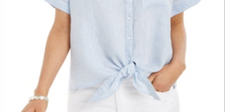 Charter Club Women's Linen Tie Front Button up Shirt Blue Size Small