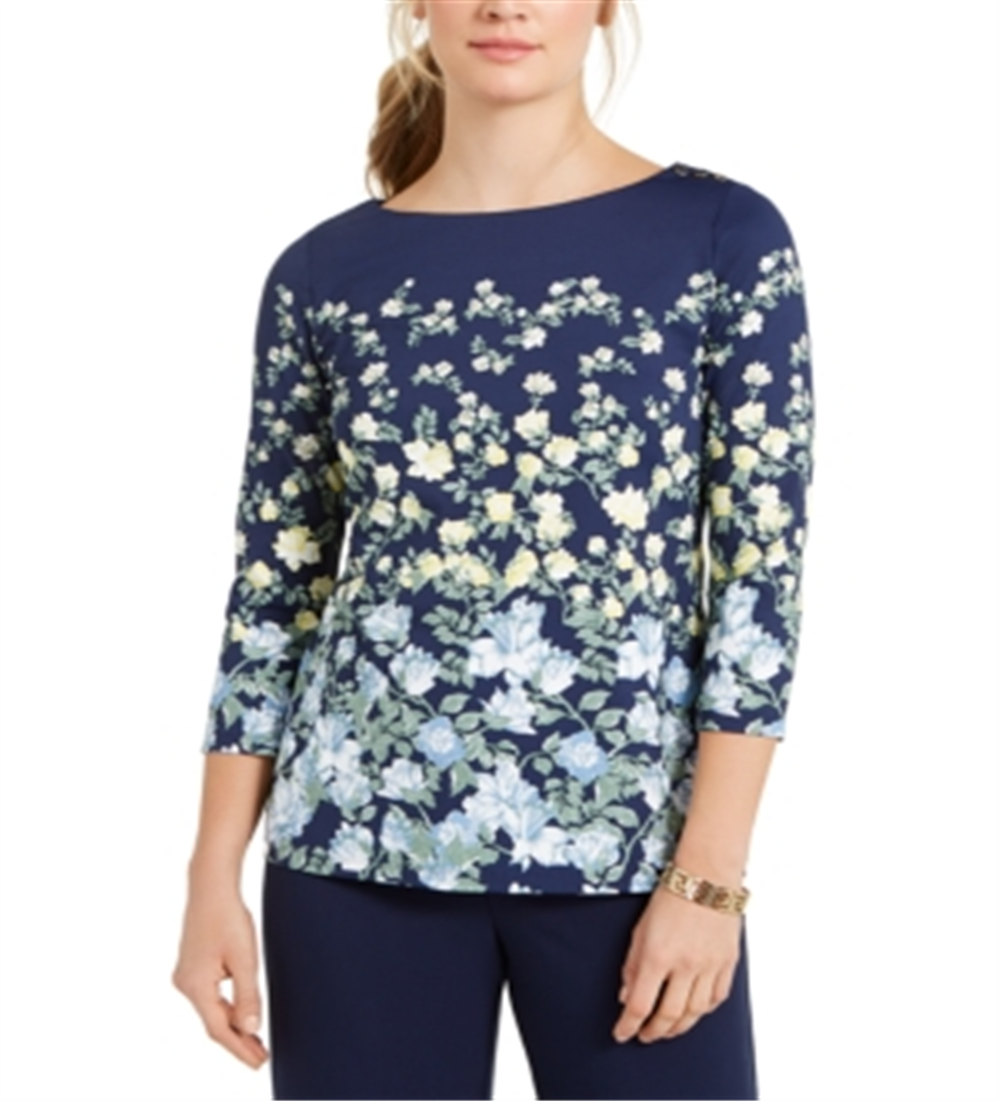 Charter Club Women's Floral Print Boat Neck Top Blue Size Medium