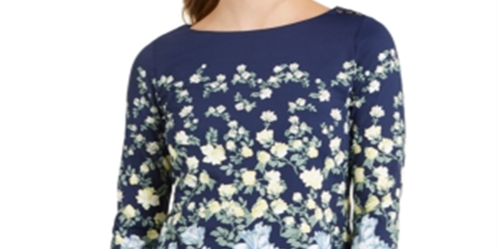 Charter Club Women's Floral Print Boat Neck Top Blue Size Medium
