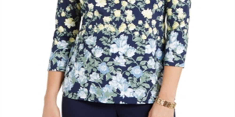 Charter Club Women's Floral Print Boat Neck Top Blue Size Medium