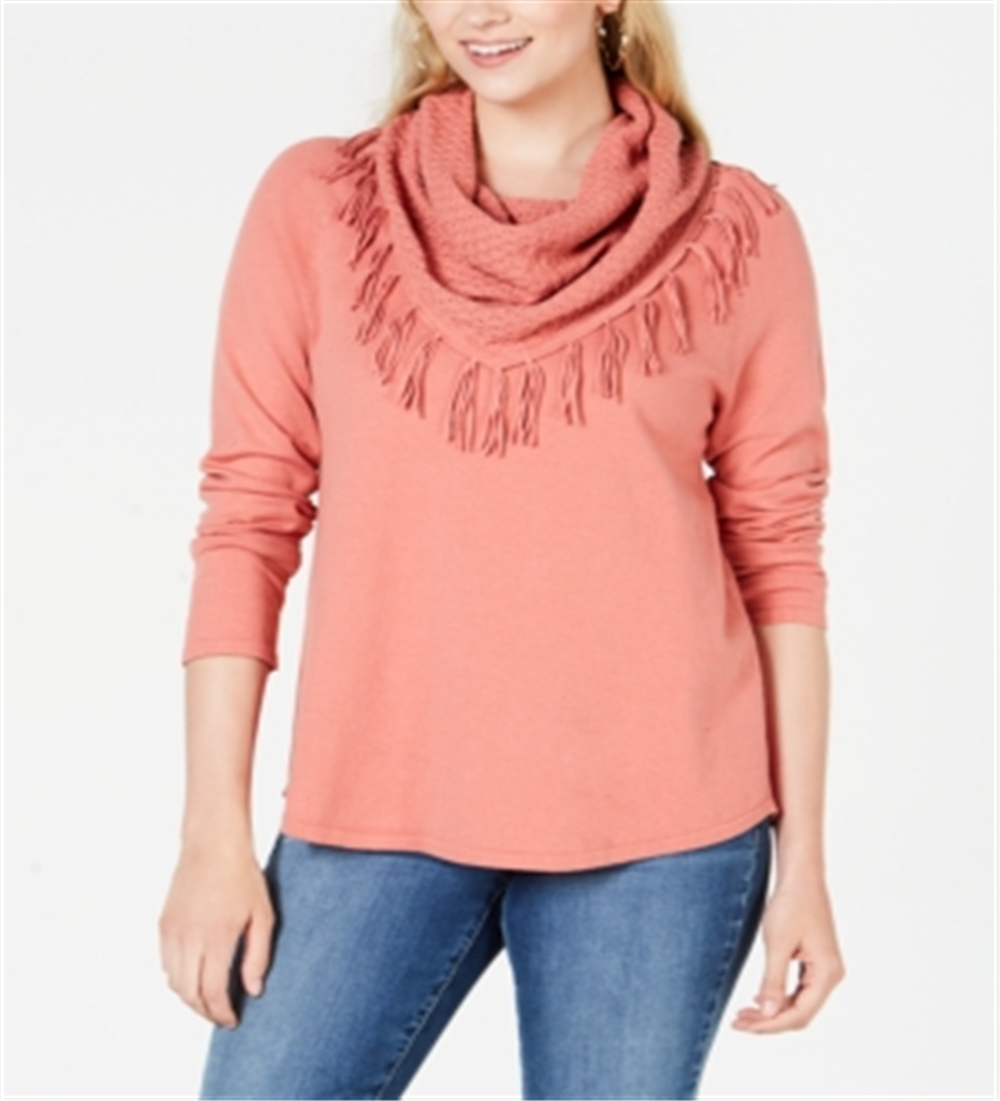 Style & Co Women's Coral Fringed Long Sleeve Cowl Neck Sweater Orange Size Petite
