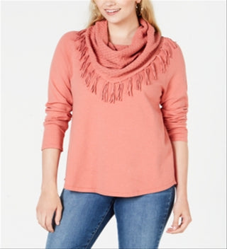 Style & Co Women's Coral Fringed Long Sleeve Cowl Neck Sweater Orange Size Petite