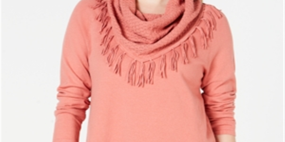Style & Co Women's Coral Fringed Long Sleeve Cowl Neck Sweater Orange Size Petite