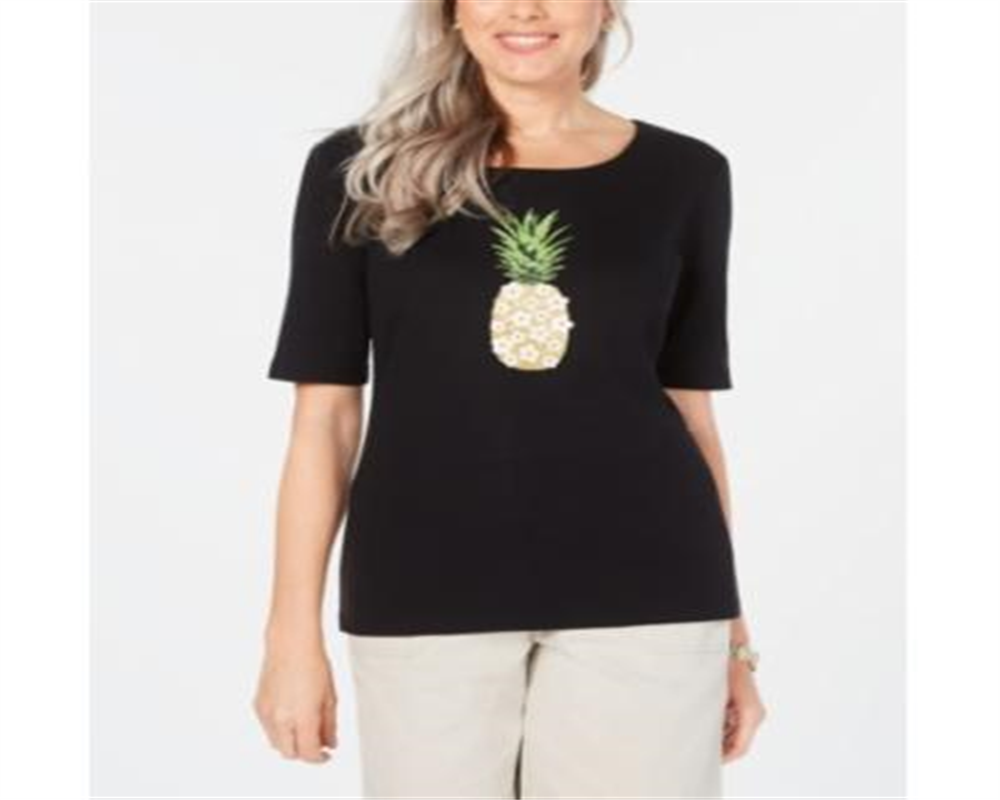 Karen Scott Women's Cotton Pineapple Graphic Print T-Shirt Black Size X-Small