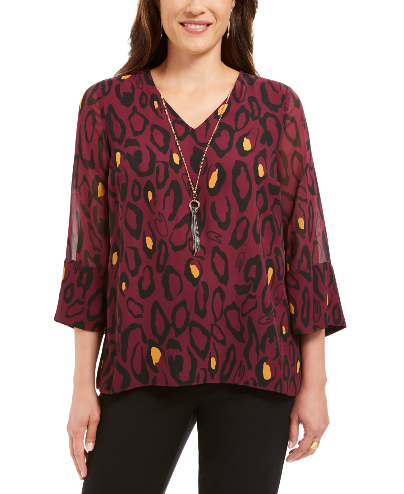 JM Collection Women's Necklace V Neck Blouse Wine  Size Petite Small