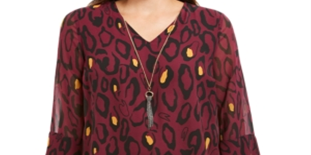 JM Collection Women's Necklace V Neck Blouse Wine  Size Petite Small