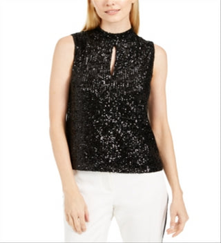 Calvin Klein Women's Sequin Mock Neck Keyhole Top Black Size Small